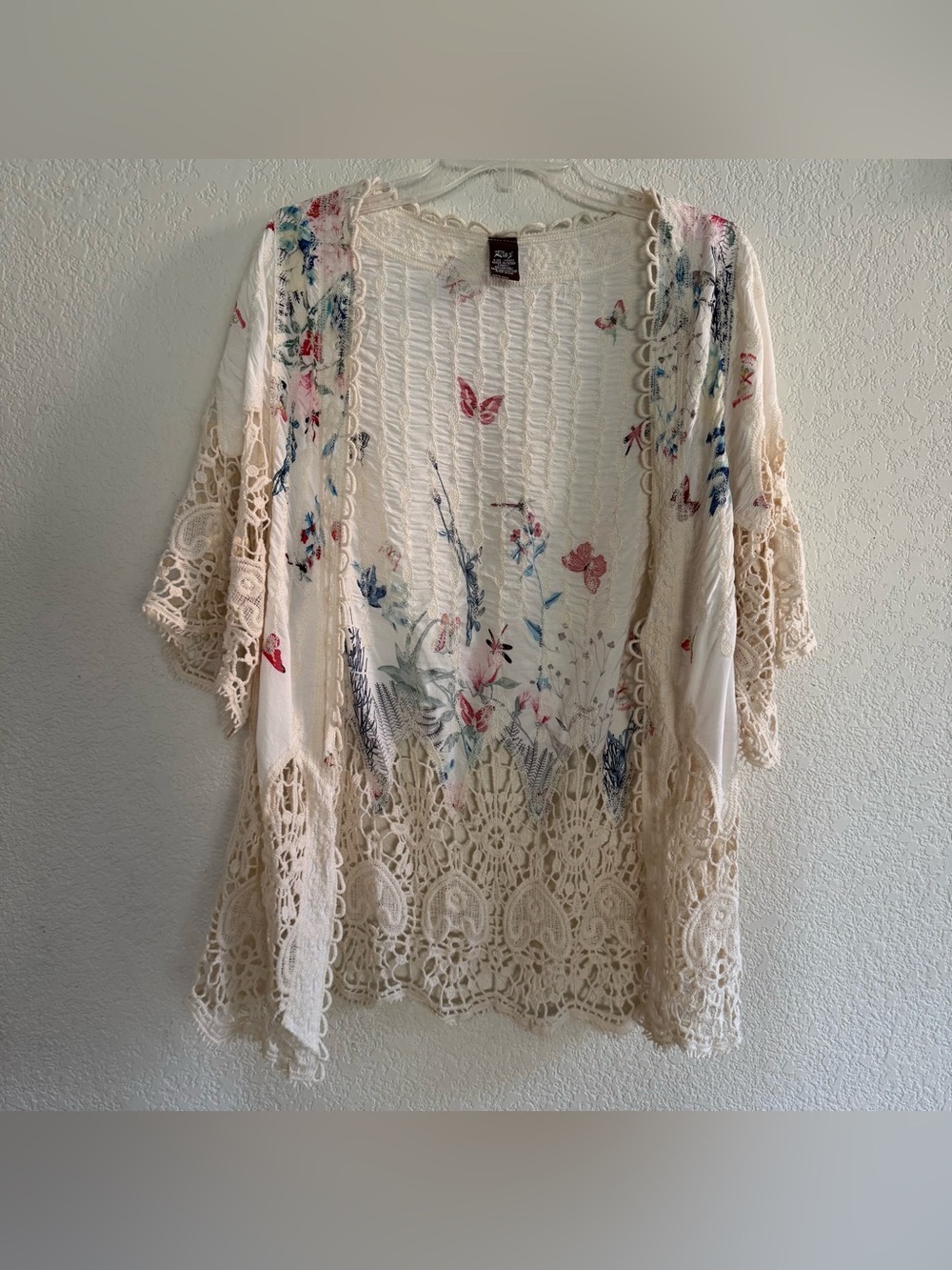 Raj Boho Cream Crochet Embroidered Cardigan butterflies Cottage Fairy Romantic